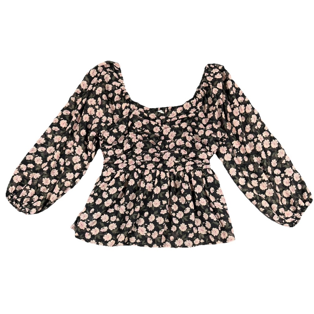 American Eagle Womens XS Chiffon Ruched Babydoll Top Floral Boho Cottagecore Rom